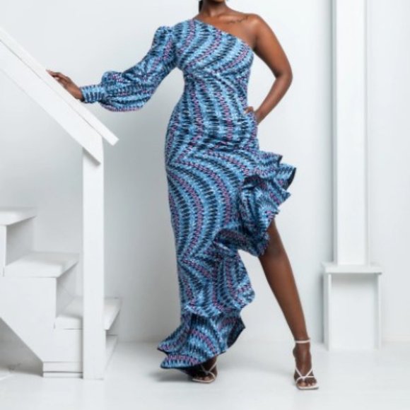 SORAYA ONE-SLEEVE RUFFLE AFRICAN PRINT HI-LOW DRESS - Picture 1 of 4